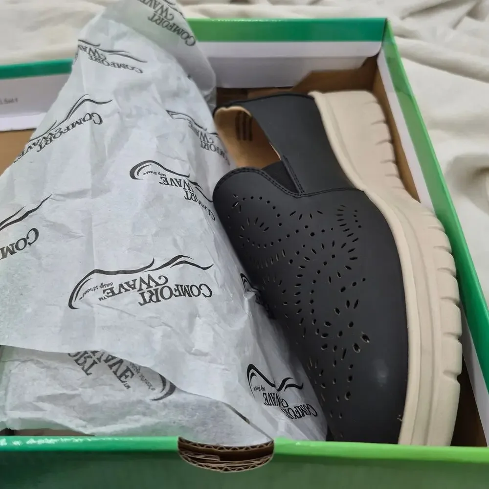NEW Easy Street Ying Black Perforated Leather Comfort Wedge Slip On Sneaker 11_7
